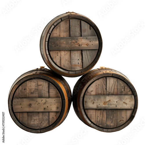 Old wooden barrels isolated on a white or transparent background. Barrels for storing whiskey or cognac are stacked in a pyramid on top of each other  side view  close-up. Graphic design element.