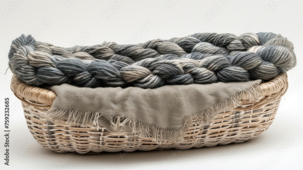 a basket filled with balls of yarn sitting on top of a white table next to a gray cloth on top of a wooden basket. a basket filled with balls of yarn sitting on top of a white table next to a gray cloth on top of a wooden basket.