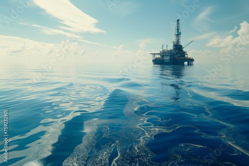 Offshore oil rig amidst oil slick: environmental peril in ocean drilling industry.