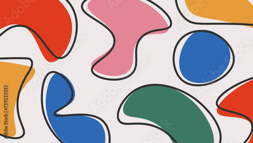 Colorful abstract design with irregular hand drawn shapes, blobs and lines in bold colors.