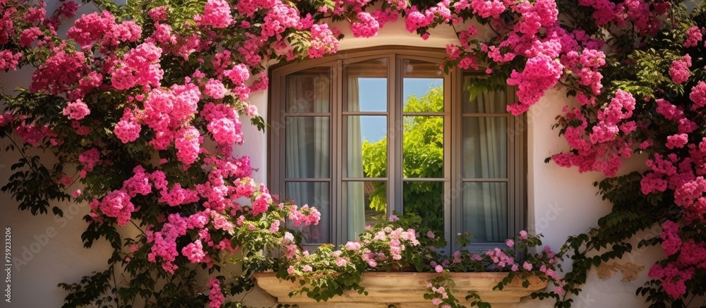 Naklejka premium Window with blooming flowers.