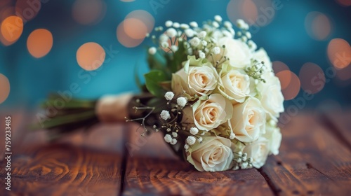 a bouquet of white roses and baby's breath on a wooden table with boke of lights in the background. photo