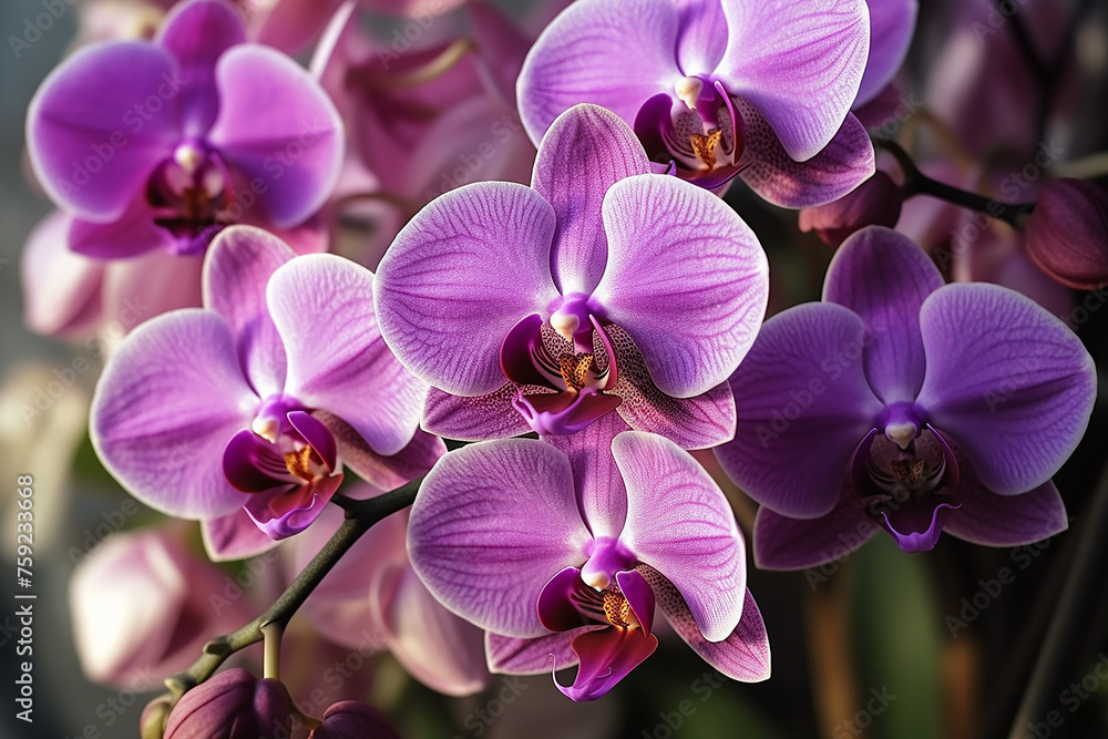 Fototapeta premium Close up of vibrant purple orchids with delicate textures.