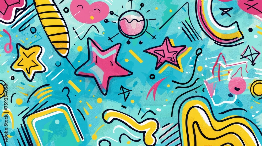 Fototapeta premium Doodles background with cute bright colorful elements generative ai