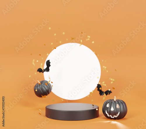 Black podium with Halloween decoration on orange background.  (ID: 759234013)