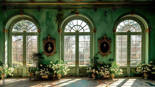 a room with a lot of windows and a bunch of potted plants on the side of the window sill. photo