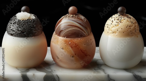 a group of three desserts sitting on top of a marble counter top next to a black and white wall. photo