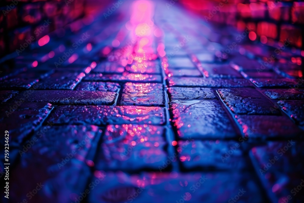 A brick wall with a pink hue and a blurry background. Neon lights. The wall appears to be wet and has a shiny, reflective surface. Scene is one of mystery and intrigue, as the blurry background A brick wall with a pink hue and a blurry background. Neon lights. The wall appears to be wet and has a shiny, reflective surface. Scene is one of mystery and intrigue, as the blurry background
