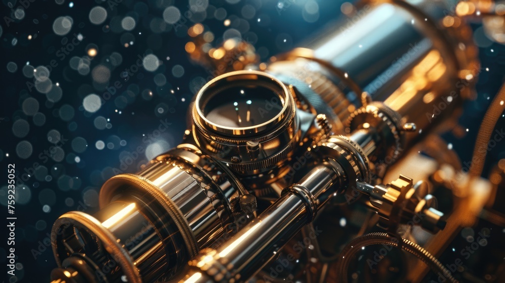 Fototapeta premium Close-up on the gears and mechanisms of a telescope as it rotates smoothly to capture images of a meteor shower