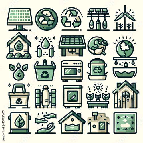 Green sustaiability icons with black outline. Flat design. Isolated items. Vector illustration. Use for UI icoons, promo material and as stickers. photo