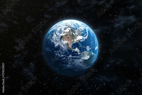 A view of the Earth from space, with a bright blue planet surrounded by a dark sky. The stars are scattered throughout the sky, creating a sense of vastness and wonder