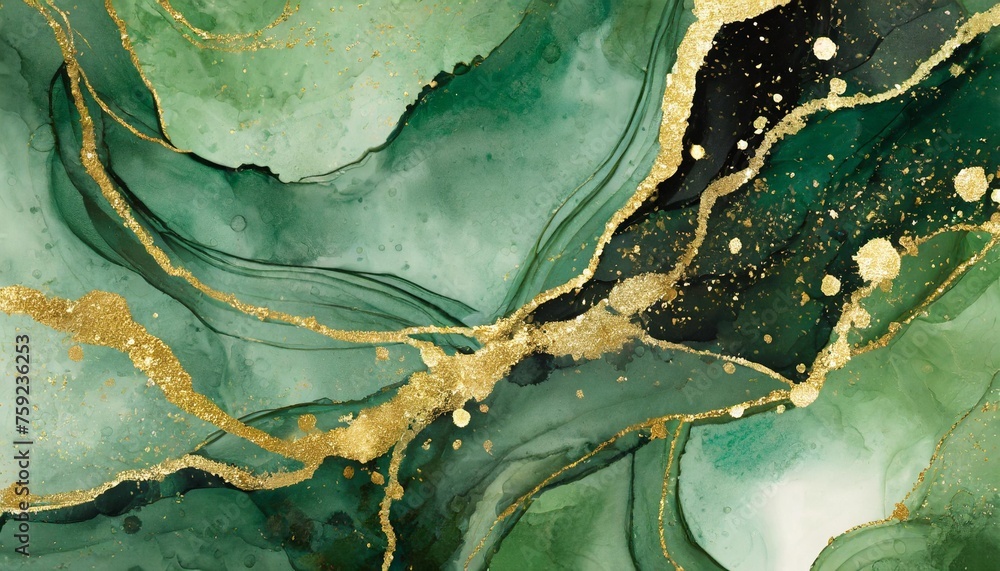green watercolor background drawn by brush green paints spilled on paper golden shiny veins and liquid marble texture fluid art luxury wallpaper for design print invitations