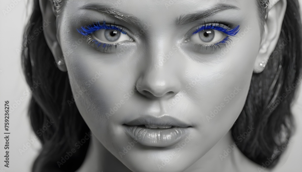 Design artwork, black and white portrait of a dark hair brunette woman with blue mascara