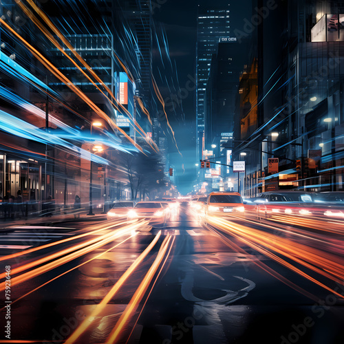 A busy city intersection with streaks of car lights photo