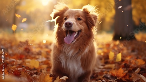 Happy dog immersed in the beauty of fall nature. Tips for keeping your dog happy in autumn. Preparing for seasonal walks and fireworks. Fall care advice for your canine companion. © zahra