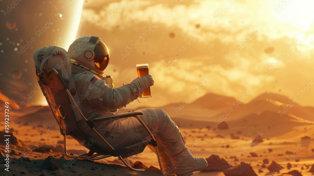 astronaut, in a chair, while drinking beer on a planet generative ai - obrazy, fototapety, plakaty 