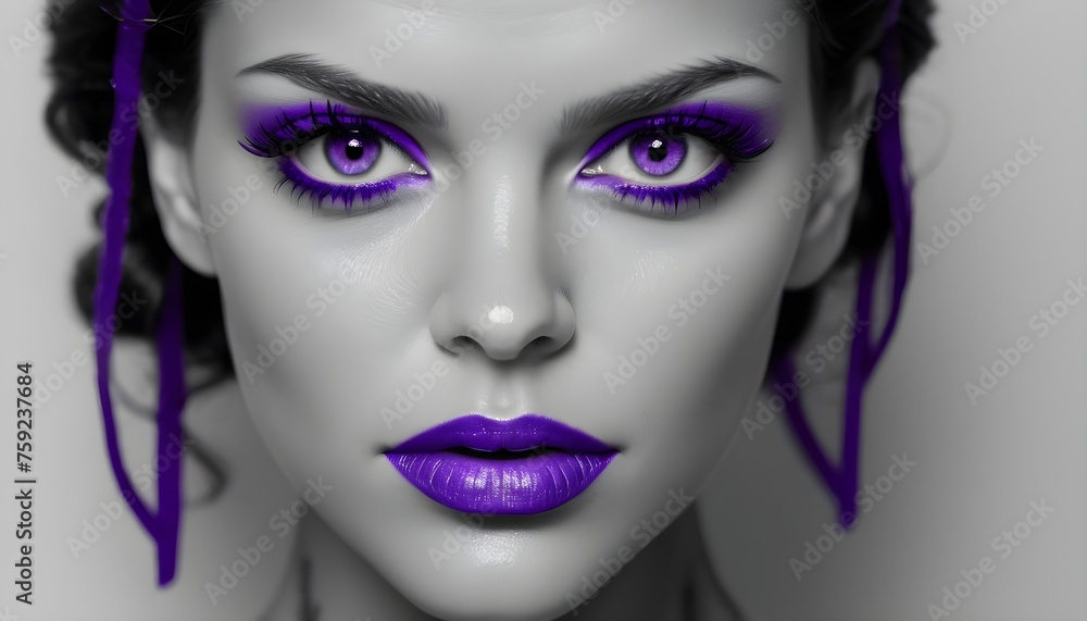 Design artwork, black and white young woman model portrait, purple make-up, lips and mascara