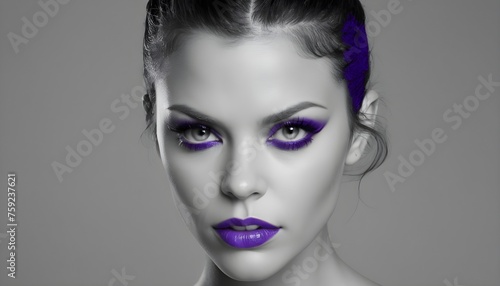 Design artwork, black and white young woman model portrait, purple make-up, lips and mascara