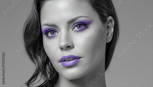Design artwork, black and white young woman model portrait, purple make-up, lips and mascara