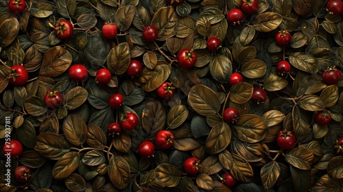 a close up of a bunch of red berries on a green leafy surface with brown leaves and red berries on the top of the leaves. photo