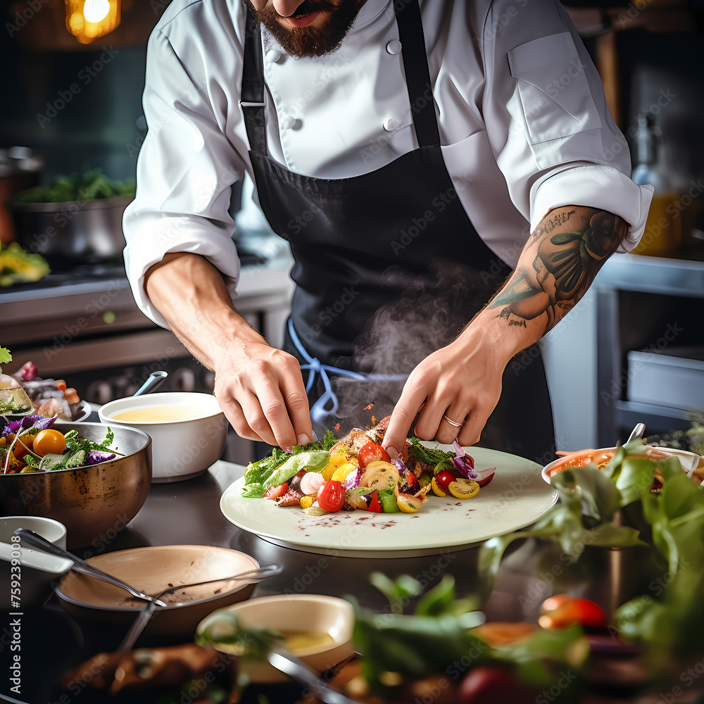 A close-up of a chef preparing a delicious dish in a kitchen