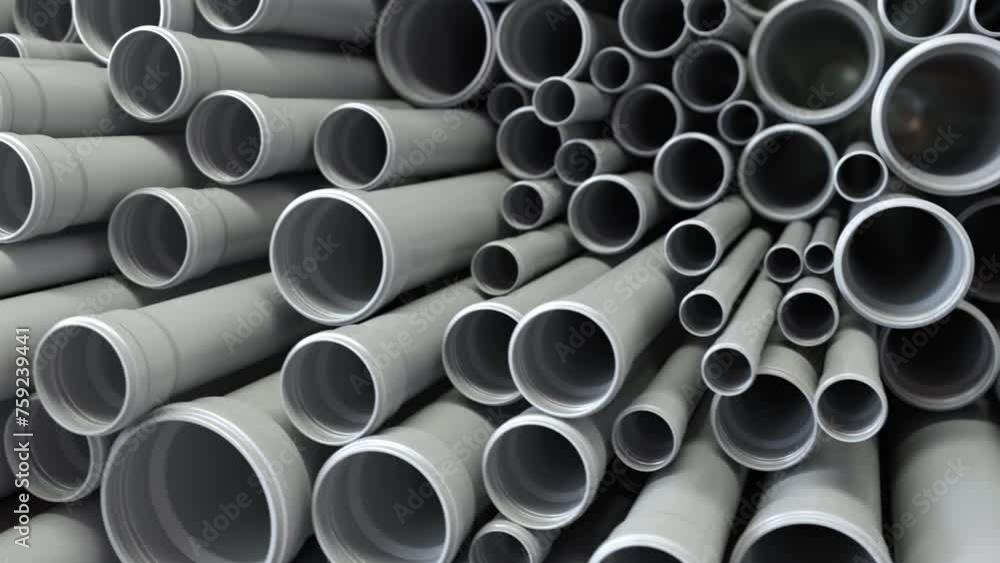 PVC plastic pipes and tubes for sewage systems in warehouse. 3d animation PVC plastic pipes and tubes for sewage systems in warehouse. 3d animation