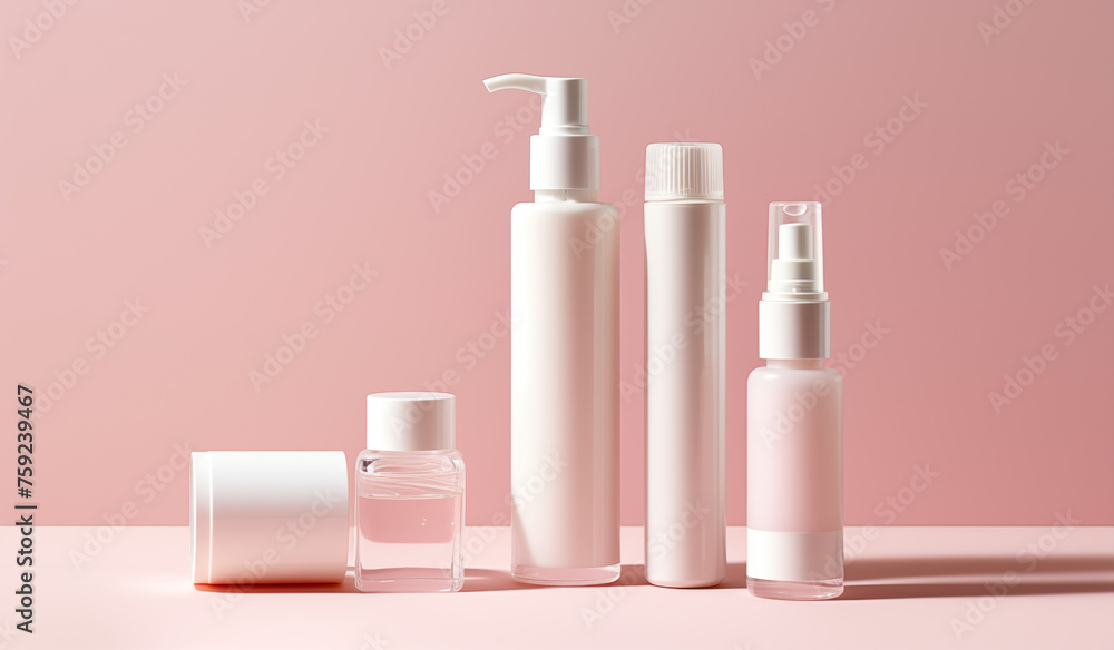 a collection of skincare and cosmetic bottles showcased against a pink background, illustrating the beauty concept. a collection of skincare and cosmetic bottles showcased against a pink background, illustrating the beauty concept.
