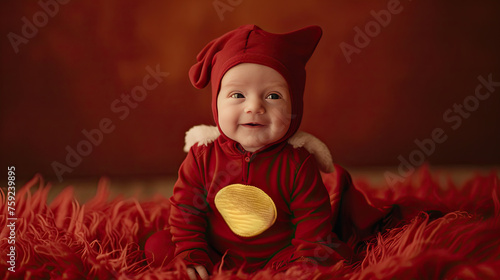 baby dressed in a red devil Halloween costume professional portrait photography in beautiful background matching the costume