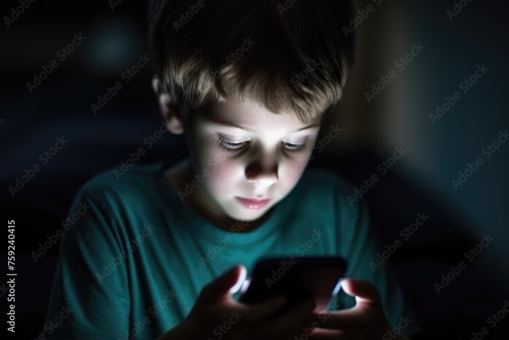 A child is captivated by his smartphone late at night, the glow of the screen lighting up his focused face. Child Using Smartphone in Dark Bedroom A child is captivated by his smartphone late at night, the glow of the screen lighting up his focused face. Child Using Smartphone in Dark Bedroom