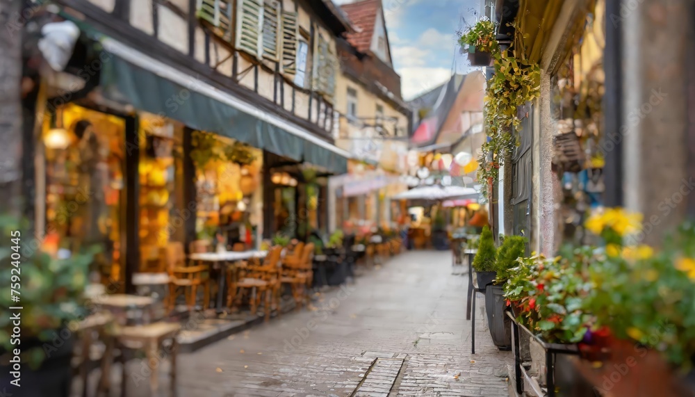 Generated image of cozy european street with restaurants and shops  - obrazy, fototapety, plakaty 