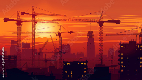 Silhouette of tower cranes on industrial construction site. New district development and skyscraper building