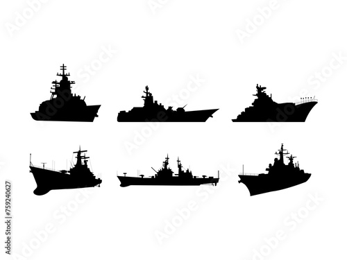 Set of Warship Silhouette in various poses isolated on white background