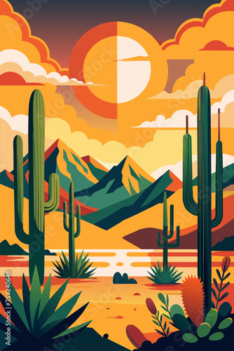 Tranquil flat digital illustration of a serene desert sunset with cacti. Mountain and warm orange sky in a southwestern landscape. Poster, mexican background, Mexico backdrop