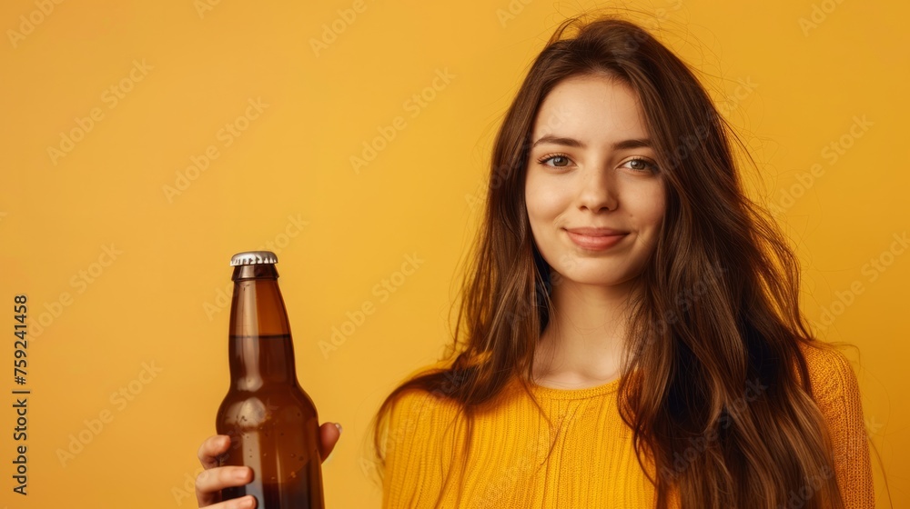 young woman holding a beer, smiling generative ai young woman holding a beer, smiling generative ai