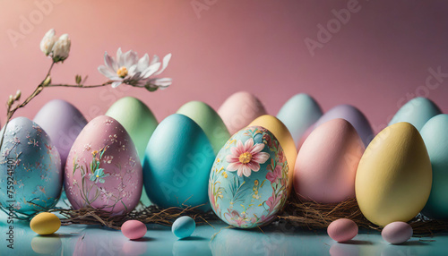 Easter Celebration: Vibrant Eggs & Decorations on Pink Backdrop, Easter Eggs with Decorations on a Pink Background, Colorful Easter Eggs & Decorations on Pink