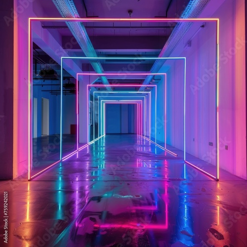 abstract futuristic background  empty corridor with neon lights