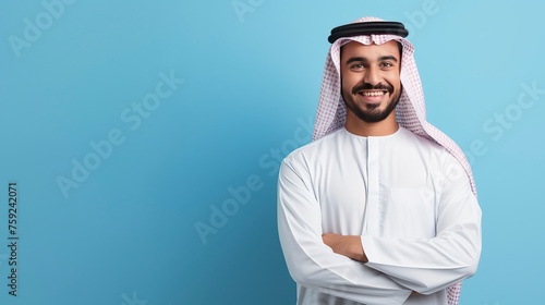 smiling arabian man with arms crossed, one color background , copy space - generative ai