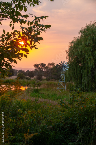 A windmill beside a willow tree during a stunning sunset in the summer