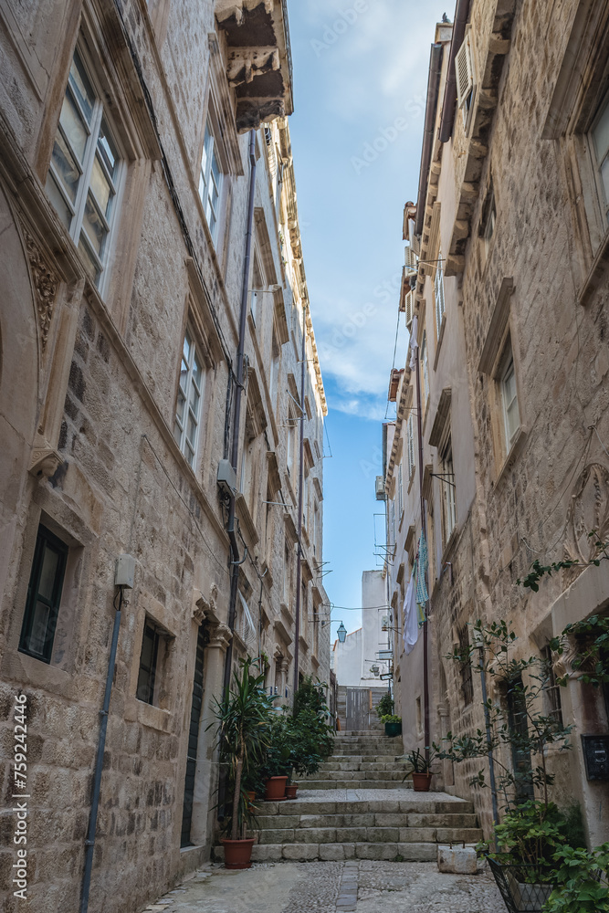 Narrow alley in Old Town of Dubrovnik city, Croatia