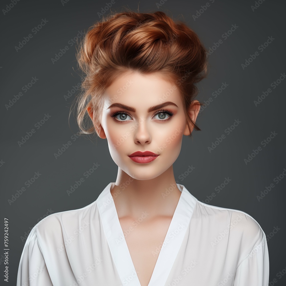 Photo of a lovely young white woman gazing at the camera against a gray backdrop in a studio setting, showcasing a Bun hairstyle Photo of a lovely young white woman gazing at the camera against a gray backdrop in a studio setting, showcasing a Bun hairstyle