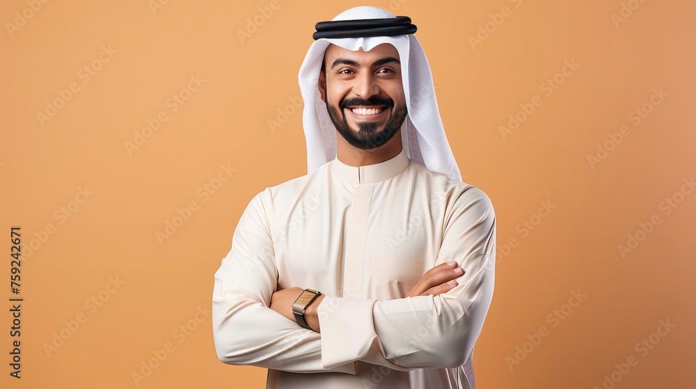 smiling arabian man with arms crossed, one color background , copy space - generative ai