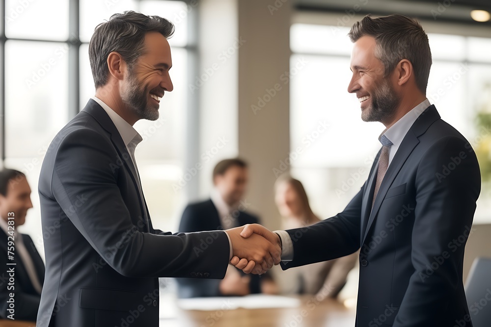 a smiling 40-year-old businessman shaking hands with his partner after signing an agreement during an office meeting a smiling 40-year-old businessman shaking hands with his partner after signing an agreement during an office meeting