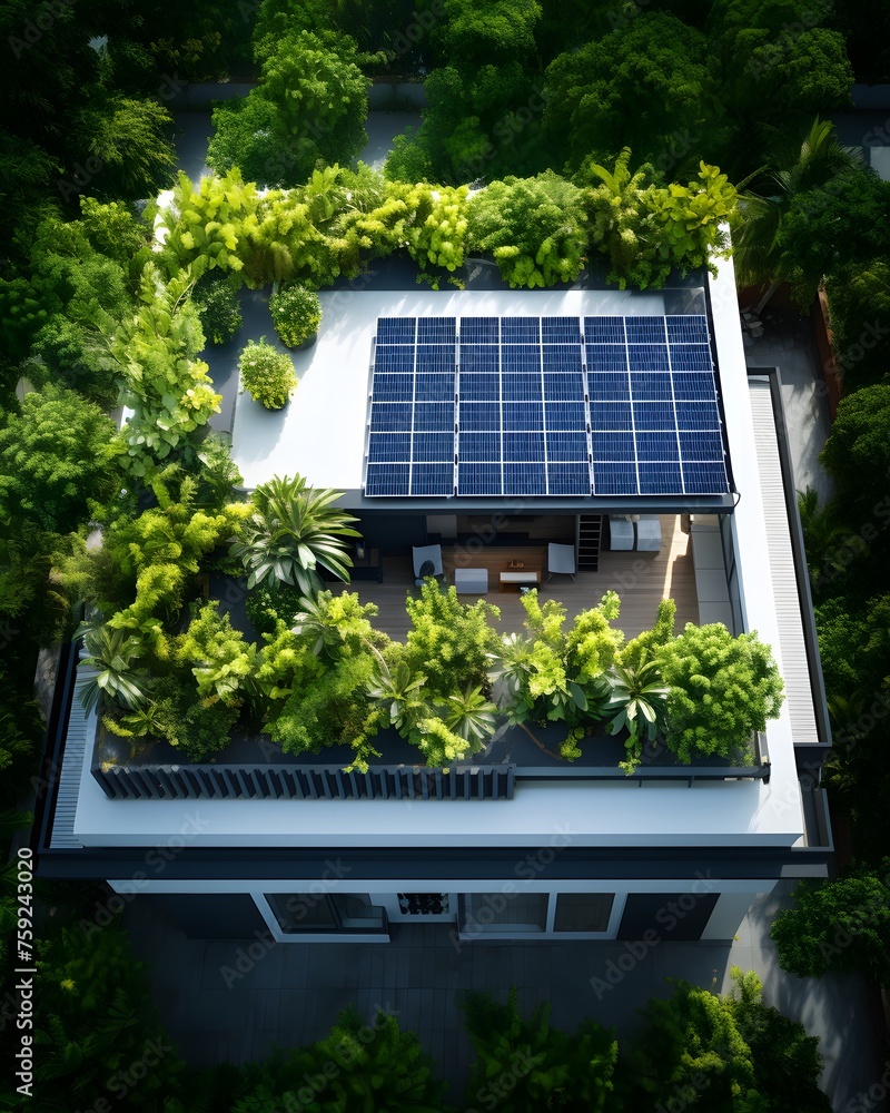 Top view of solar photovoltaic panels on roof, alternative energy, saving resources and sustainable lifestyle concept.