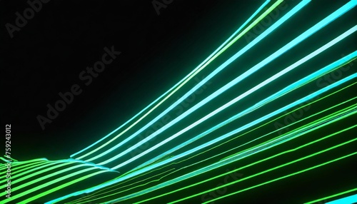 abstract black background with green blue neon lines go up and disappear 3d illustration
