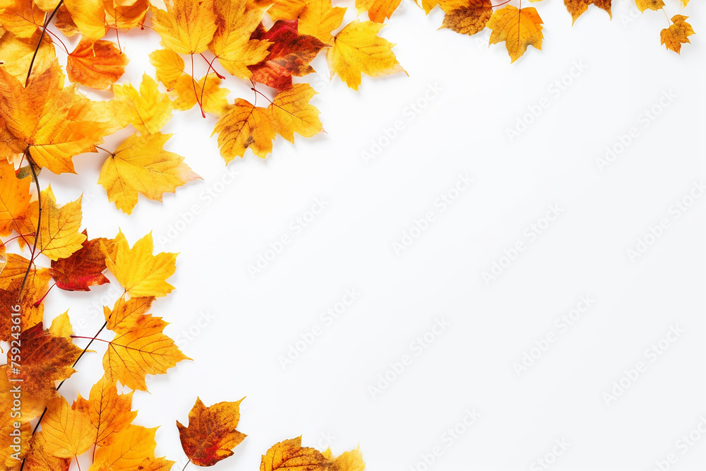 Autumn leaves border on white background with space for text