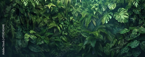 Dense tropical rainforest foliage with mist. Digital art style nature background. Jungle exploration and adventure concept for poster and wallpaper design photo