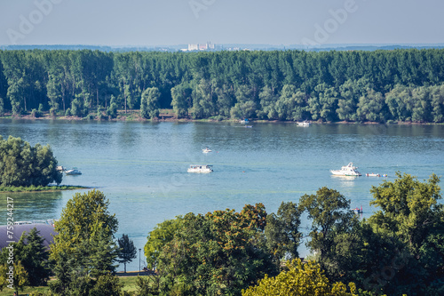 View from Belgrade Fortress in Kalemegdan Park on Danube River in Belgrade, Serbia photo