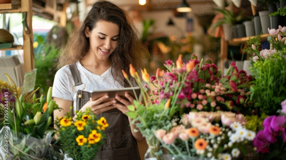Smiling woman using tablet in flower shop. Small business and floristry concept. Design for online retail, entrepreneurship, or flower arranging courses