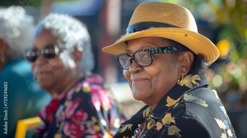 Smiling senior woman with sunglasses and a yellow hat. Leisure and retirement concept