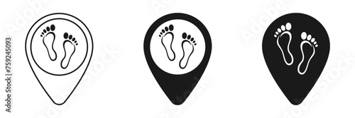 Set of pin icons with traces of human feet. Illustration